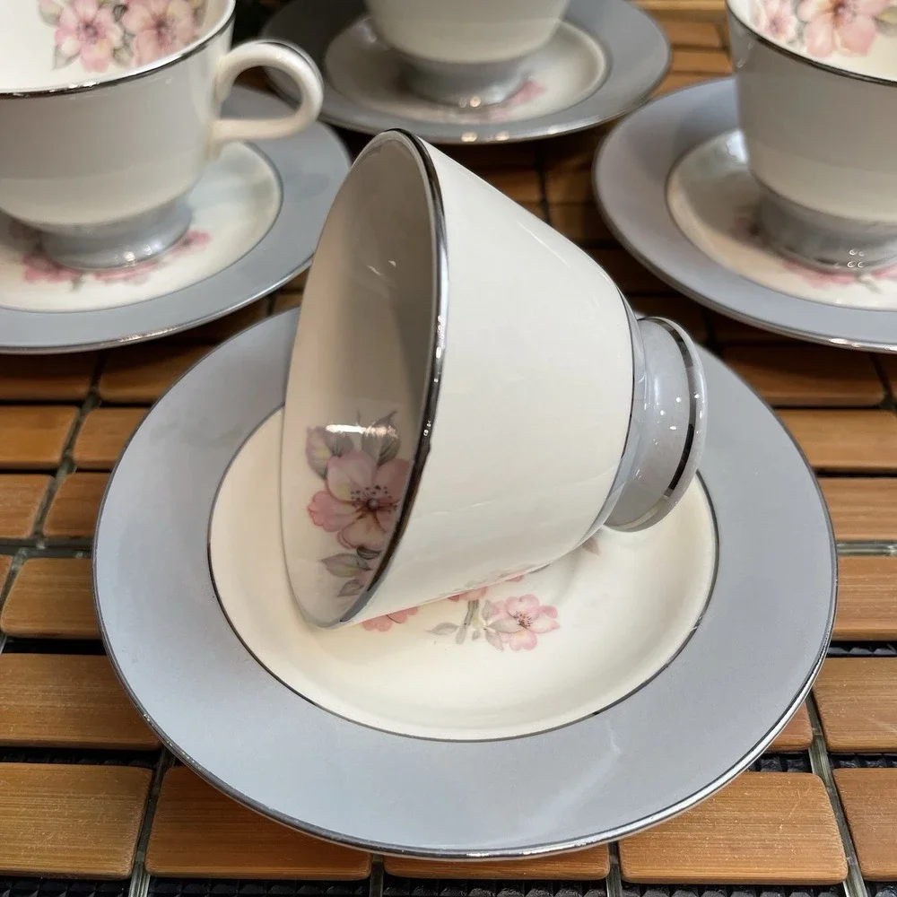Vintage 1953 Homer Laughlin Cavalier Eggshell Cup & Saucer Set CV17 Gray Floral